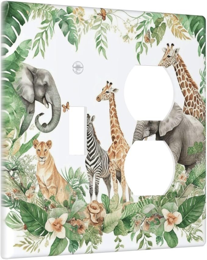 Tropical Leves Safari Animals Giraffe Elephant Zoo Wallplates 1 Toggle 1 Duplex Switch Plate Electrical GFCI Faceplate Decorative Light Switch Covers for Kids Room Nursery Decor
