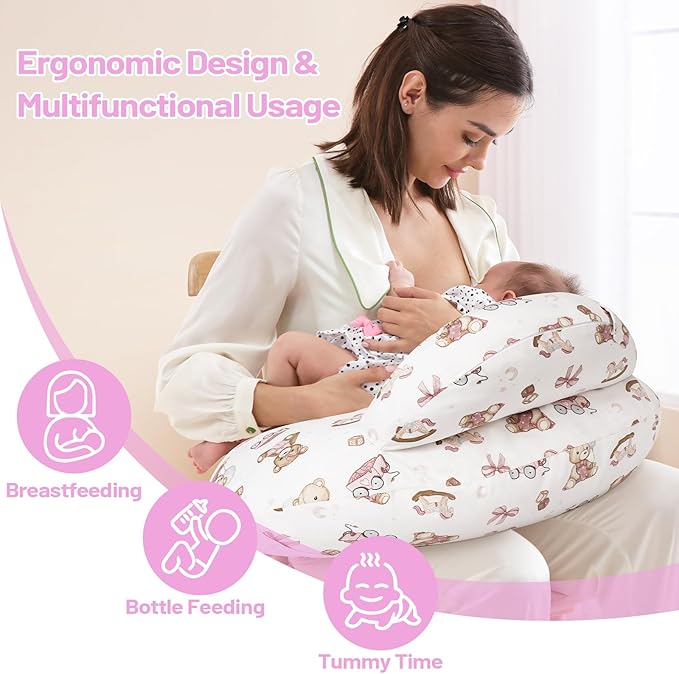 AMASKY Nursing Pillow, Breastfeeding Pillows, with Removable Pillow Cover, Machine Washable, Machine Washable, Pink Bears, Pallet of Product