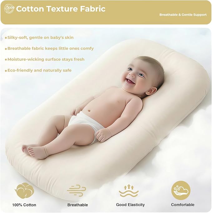 Infant Support Cushion - Baby Support Cushion for Newborn, 0-24 Months, Breathable Cotton Tummy Time Mat, Supervised Use, Portable Newborn Essentials for Home and Travel, Cream (Cover Included)