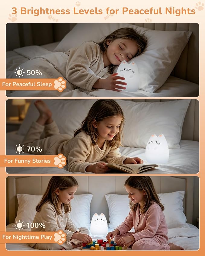 Night Light for Kids, LED Cat Squishy Animal Lamp for Baby, Soft Silicone Dimmable Bedside Touch Light with Timer, Battery Rechargeable Nightlight Girls Gifts Cute Room Decor