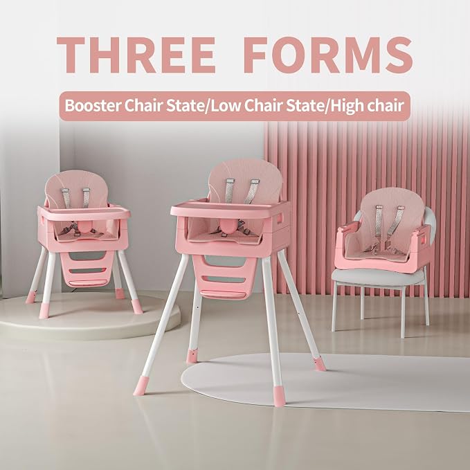 3-in-1 Baby Feeding High Chair with Tray 5 Point Harness Booster Seat Infant Ergonomic Sit Up High Chair Babies and Toddlers Safety Seats Convertible Comfortable Toddler Chair Pink