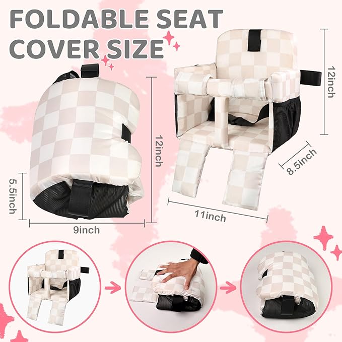 Portable Baby Shopping Cart Seat, High Chair Cover for Outdoor, One-Hand Installation Cart Seat Cover, Comfortable and Supportive Foam-Padded, Grocery Cart Baby Seat ??Pink Checkered