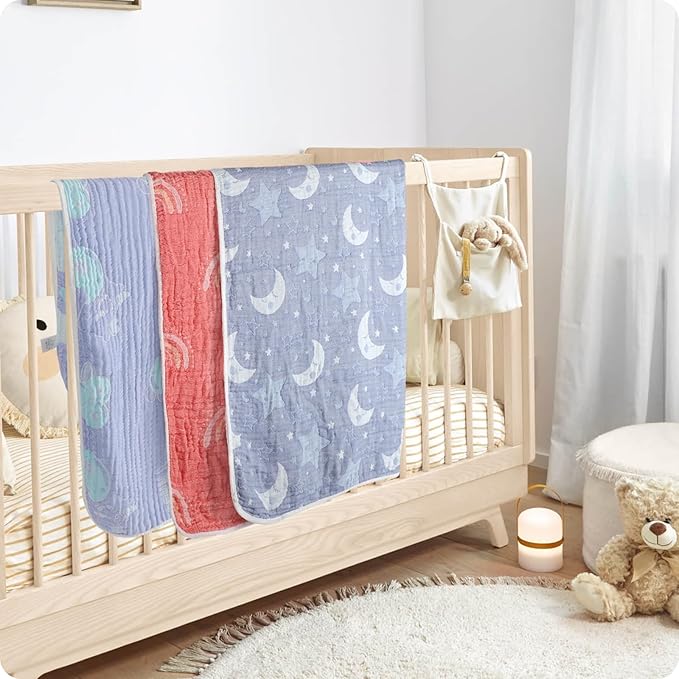 Cotton Muslin Baby Blankets Organic Comforter Reversible Neutral 6-Layer Soft 43.3"x41.3" for Newborn Infant Toddler Boys Girls, Daycare Receiving Swaddle Throw Quilt, Nursery Crib Bassinet Blanket