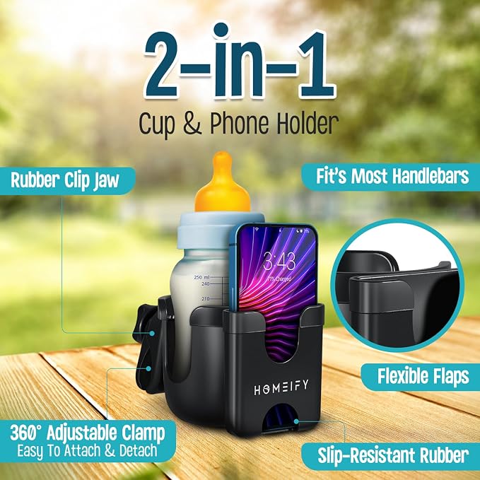 Homeify Baby Stroller Organizer Set - Universal Stroller Bag + Cup Holder/Phone Holder, Universal Accessories for Stroller, Bike, Wheelchair, Walker, Scooter