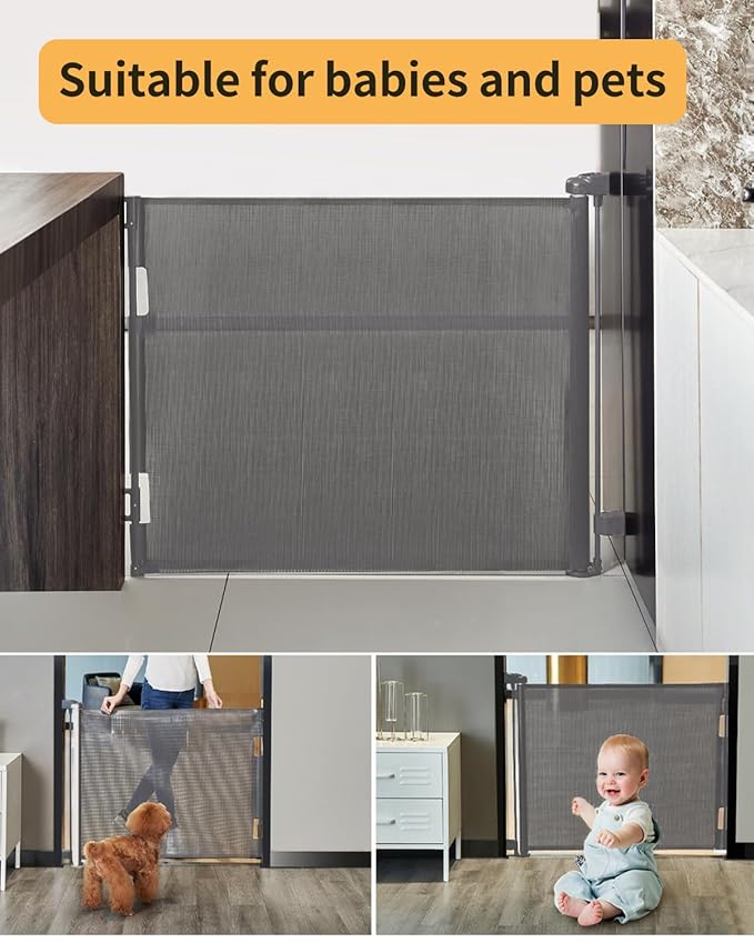 AOURMKOOP Retractable Baby Gate,Mesh Baby Gate or Mesh Dog Gate,33" Tall,Extends up to 55" Wide,Child Safety Gate for Doorways, Stairs, Hallways, Indoor/Outdoor（Grey,33"x55"