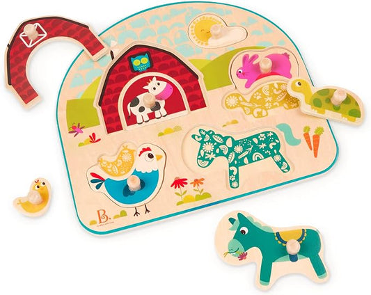 B. toys – Wooden Peg Puzzle – Animal Peg Puzzle for Toddlers, Kids – 8 Chunky Pieces – 18+ Months – Animal Barnyard