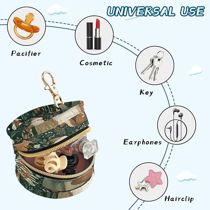Pacifier Holder with Clip Pacifier Case for Diaper Bag Round Baby Pacifier Pouch Box Bag Portable Green Santa Claus with Squirrels and Branches