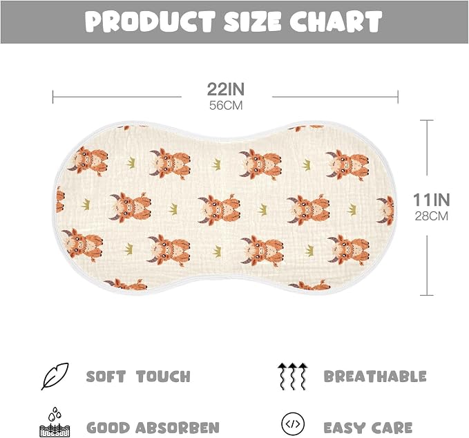 Highland Cow Muslin Burp Cloths for Baby Boys and Girls - 2-Pack Ultra Absorbent Muslin Washcloths, Newborn Towel, Milk Spit Up Rags, Burp Cloth Bibs for Unisex, 22 x 11 Inch