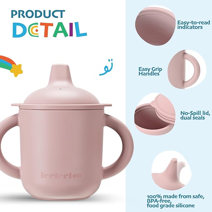Leeleelon® Silicone Sippy Cups for Baby, 6 oz, 6+ Months, Soft Spout and 100% Leak-Proof Design, Platinum Silicone (Canyon Rose)