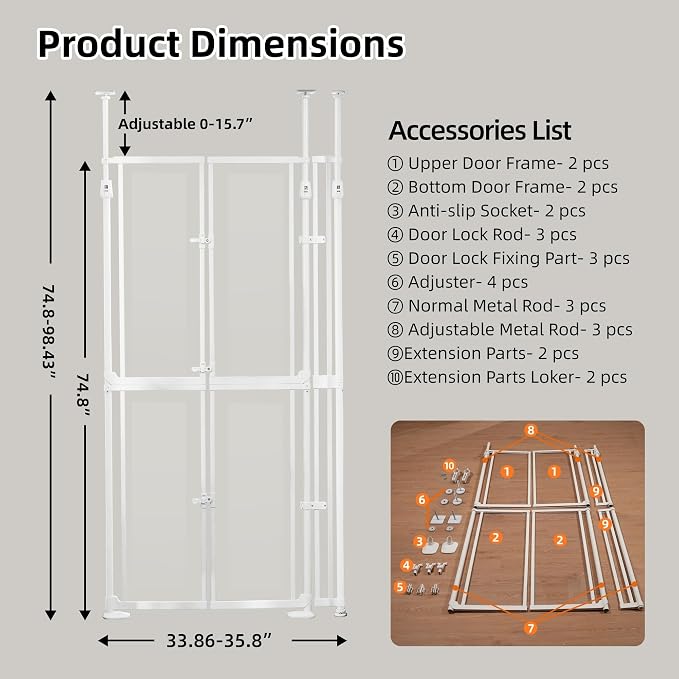 NiceTCU 74.80-98.43'' Extra Tall Cat Gate, Adjustable 33.86-37.40" Wide, Transparent Full Door Pet Gate, Auto Close No Drilling Cat Proof Safety Gate for Doorway Stairs- White