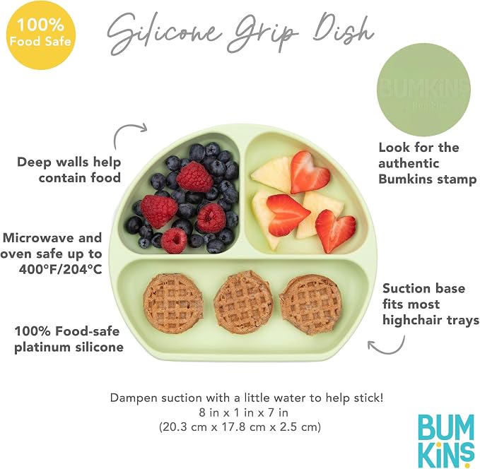 Bumkins Toddler and Baby Suction Plate, Silicone Divided Grip Dish for Babies and Kids, Baby Led Weaning, Children Feeding Supplies, Non Skid Sticky Bottom, Platinum Silicone, 6 Months Up, Woodgrain