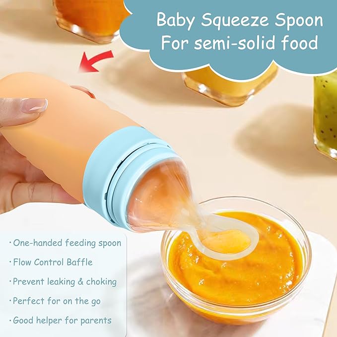 WAJIAYON Baby Food Feeder 4 Pack Silicone Baby Food Dispensing Spoon-3 oz Squeeze Feeding Spoons with Suction Cup for Boys Girl Kids Toddlers - Self Feeding Bottle Spoon-Light Blue