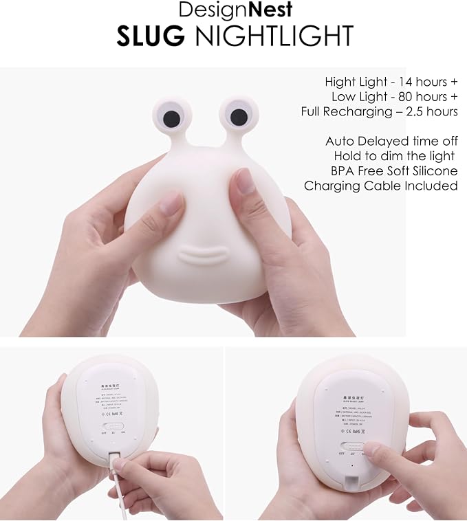 DesignNest Slug Night Light, LED Soft Silicone Touch Control Lamp, Dimmable, Auto Off Timer, Rechargeable, Sleep Aid, 80H+ Long, Squishy Night Light Toy, Kids, Toddler, Nursery, Bedroom, Gift