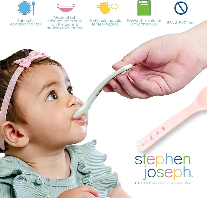 Stephen Joseph Baby Silicone Spoon Set, First Stage Feeding Spoons for Infants, Spoon Set Encourages Self-Feeding, Toddler Feeding Spoons, SLOTH