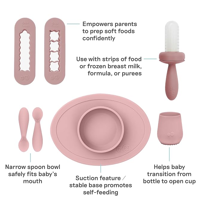 ezpz Kit 2: Learn to Eat and Drink (Blush) - Tools to Help Your Baby Practice Chewing, Sipping, and Self-Feeding - Start Solids + Baby-Led Weaning Safely - Shower Essentials & Gifts