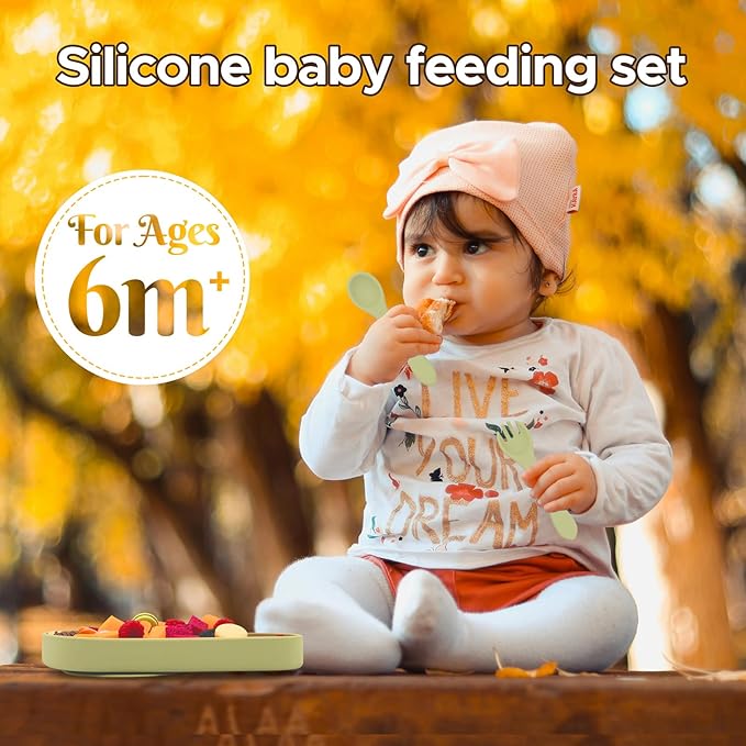 BabyX Baby Silicone Feeder Set, 3-pcs Safari Wildlife-themed Baby Plate with Suction, Spoon and Fork for Babies Toddler Kids, BPA-Free, Baby Utensils Feeding Supplies, Microwave and Dishwasher Safe