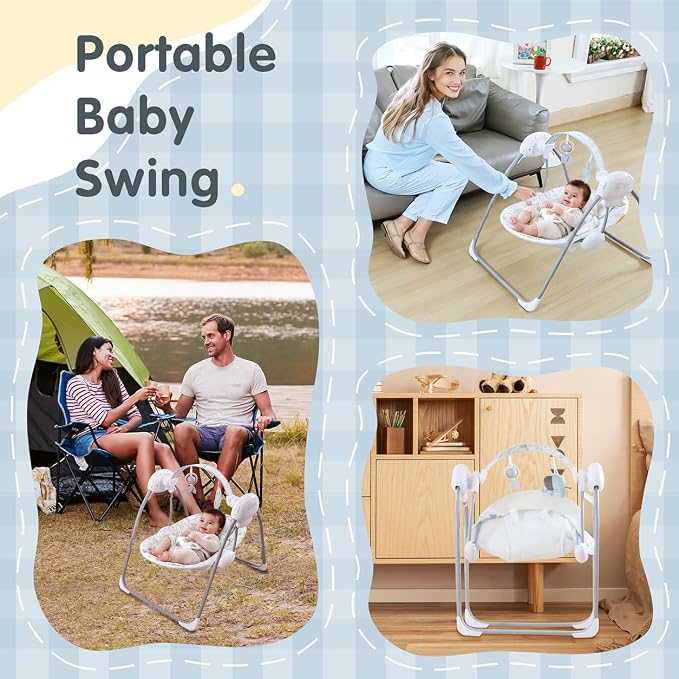 Baby Swings for Infants, Portable Baby Swing with Music, 5 Speed Levels, Timer, Infant Swing for Indoor Outdoor Use, 0-9 Months Up to 20 lbs