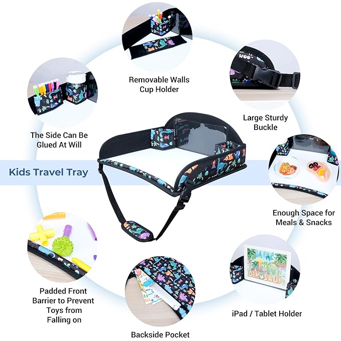 COOLBEBE Kids Travel Tray for Toddler Car Seat, Travel Tray for Airplane, Toddler Car Seat Lap Tray, Carseat Table Tray for Kids Travel Activities (Dinosaur)
