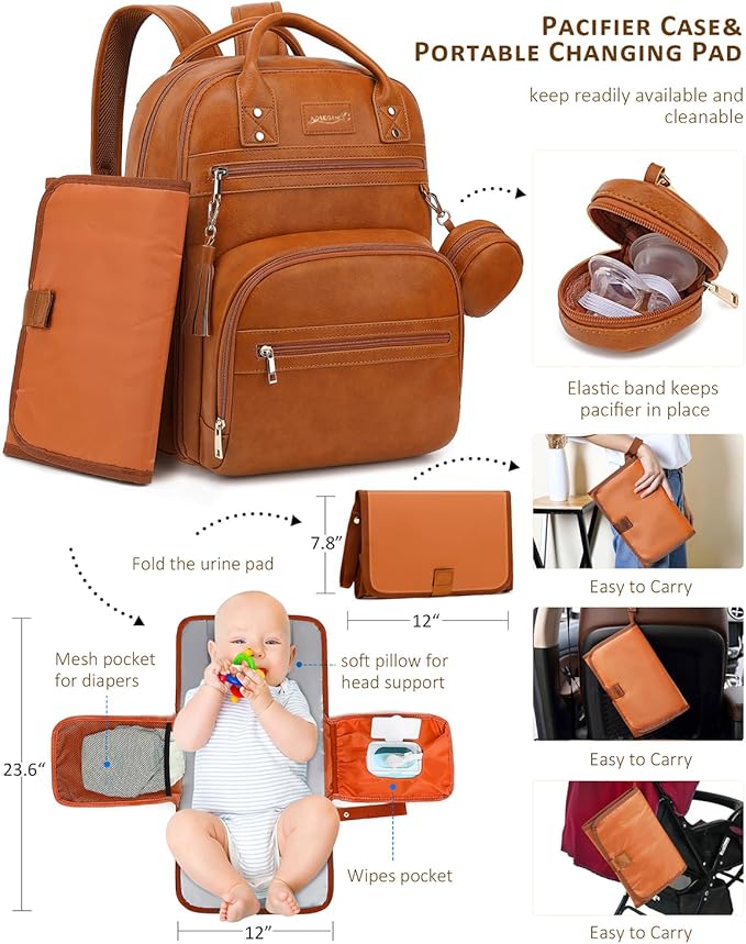 ROSEGIN Premium Vegan Leather Diaper Bag Backpack with Waterproof Changing Pad, Reinforced Zippers & Odor-Free, 20 Pockets Pro Organizer, Fits 15.6" Laptop, Stroller Straps, Baby Bag for Mom, Brown