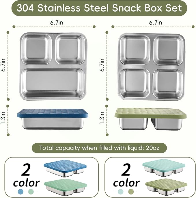 Tanjiae Stainless Steel Snack Box for Kids & Toddlers, 20oz Multi-Compartment Leak Proof Small Food Containers with Silicone Lids - Reusable Metal Bento Box for Daycare, School, Travel, Camping