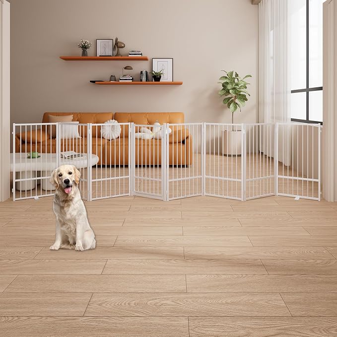 8 Panels Full Metal Freestanding Dog Gates with Door, 160” W x 36” H Folding Pet Gate Fence with Support Feet for Indoor,Stairs, Hallways and Doorways(White)