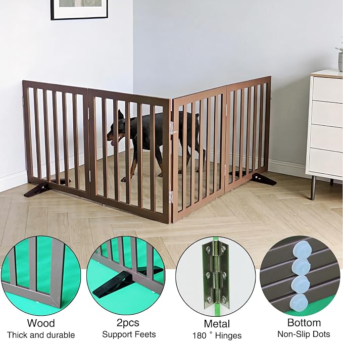 Dog Gate Indoor, Freestanding Dog Fence for The House, Doorways, Hallways,or Stairs,Pet Gate Foldable Wooden,Expandable 24" Height 4 Panels,Brown
