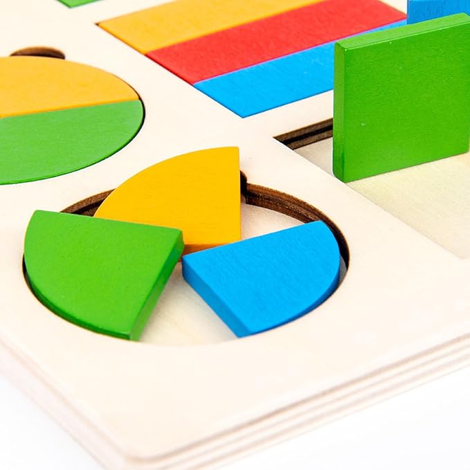 Montessori Geometric Shape Fraction Puzzle Board, Wooden Shape Matching Peg Puzzle