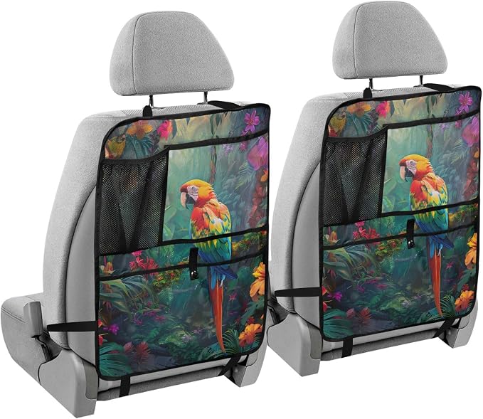 JIPONI Car Backseat Organizer, Parrot Macaw Tropical Automotive Back Seat Protector, Kick Mats with Storage Pockets for Kids Pets, Road Trip Accessories (2 Pack)
