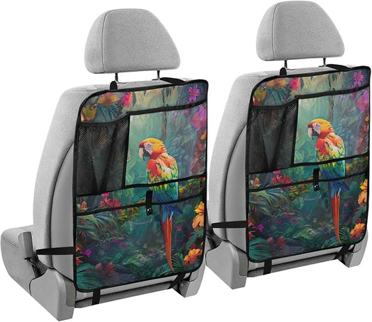 JIPONI Car Backseat Organizer, Parrot Macaw Tropical Automotive Back Seat Protector, Kick Mats with Storage Pockets for Kids Pets, Road Trip Accessories (2 Pack)