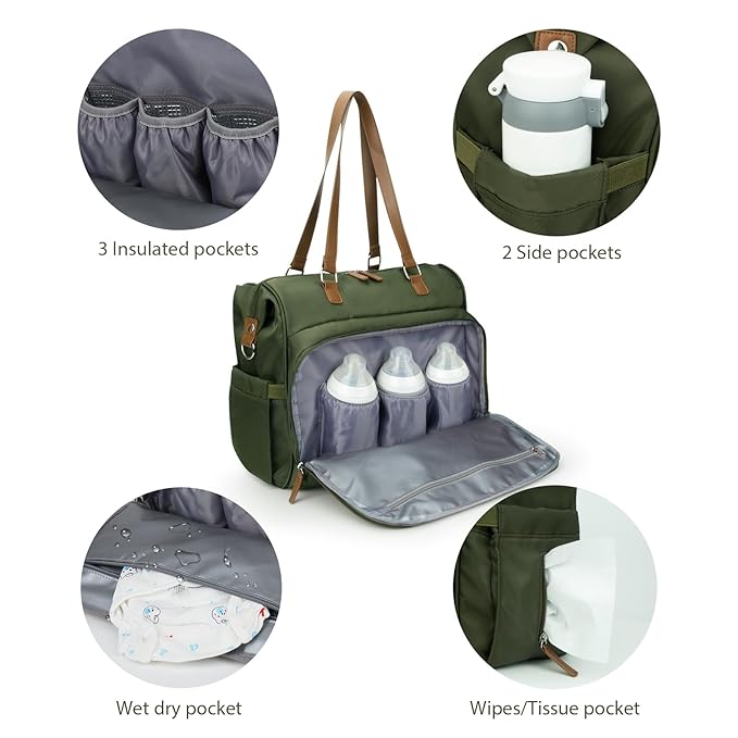 Pripher Mom‘s Diaper Bag 4 in 1 Diaper Baby Tote, Hospital Bag for Labor & Delivery, Large Waterproof Baby Travel Weekender with 3 Insulated Pockets,Olive Green
