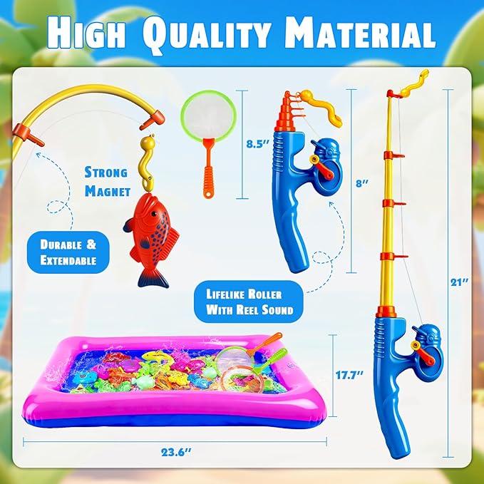 CozyBomB??Magnetic Fishing Toys Game Set for Kids | Water Table Bathtub Kiddie Pool Party Pole Rod Net, Outdoor Plastic Floating Fish, Toddler Bath Color Ocean Sea Animals Birthday Gift Age 3-5 6 4-8