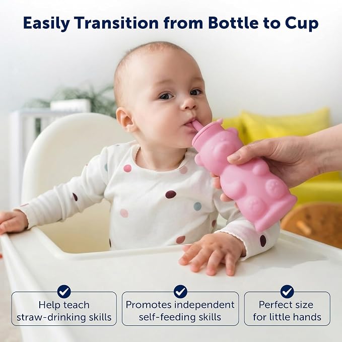 Silipint Honey Bear Straw Cup for Baby & Toddler – Soft Silicone Squeeze Training Straw Cup, Leak-Resistant Baby Sippy Cup for Bottle Transition, BPA Free, Dishwasher Safe, 8 oz Pink