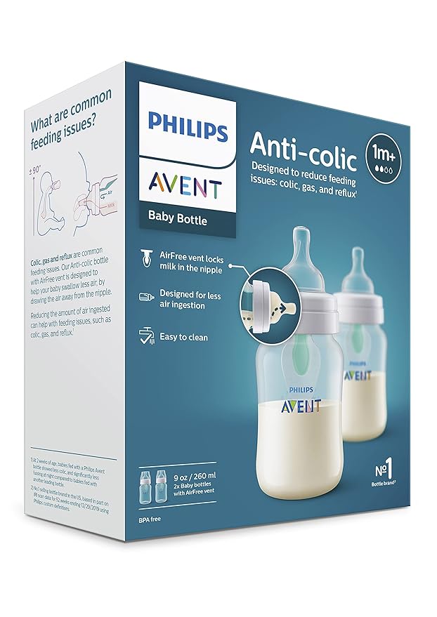 Philips Avent Anti-Colic Baby Bottle with AirFree Vent, 9oz, with Flow 2 Nipples, 1m+, 2pk, Clear, SCY703/02