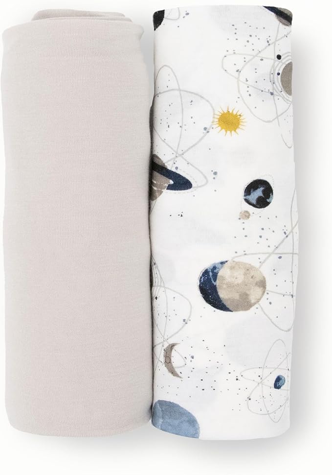 Little Unicorn Large Stretch Knit Swaddle Blanket 2 Pack| Super Soft with Optimal Stretch for swaddling | Giftable Set (Planets)