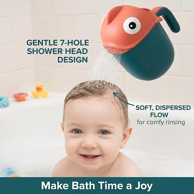 Large Capacity Baby Bath Rinser Cup with 7-Hole Gentle Shower, Easy-Grip Cartoon Fish Design for Kids, Bath Cup for Rinsing Hair, Time Essential