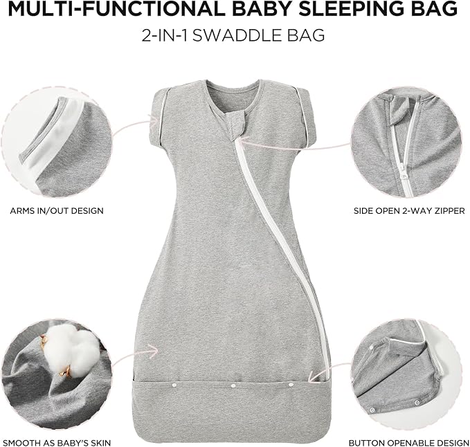 Duomiaomiao 2 Pack Baby Transition Swaddle Blanket, Snap Arms Up Baby Sleep Sack for All Seasons, 100% Cotton Baby Essentials for Newborn Boys Girls 0-6 Months, Gray & Dinosaurs