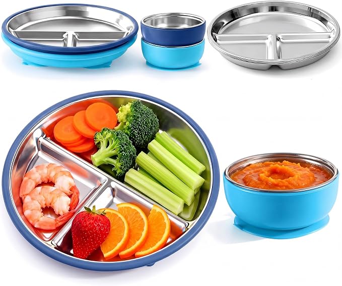 Havawish 4 Pcs Stainless Steel Baby Plate and Bowl with Suction, 8.3" Kid Divided Plate 4" Toddler Bowl with Removable Silicone, BPA-free Non-slip Baby Feed Set Dishwasher Safe for Boy Girl (Teal)