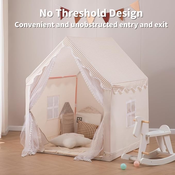 Kids Play Tent Children Tent with Star Lights & Mesh Curtains Indoor/Outdoor Playhouse for Boys and Girls Large Play Tent for Birthday Party & Secret Base Khaki
