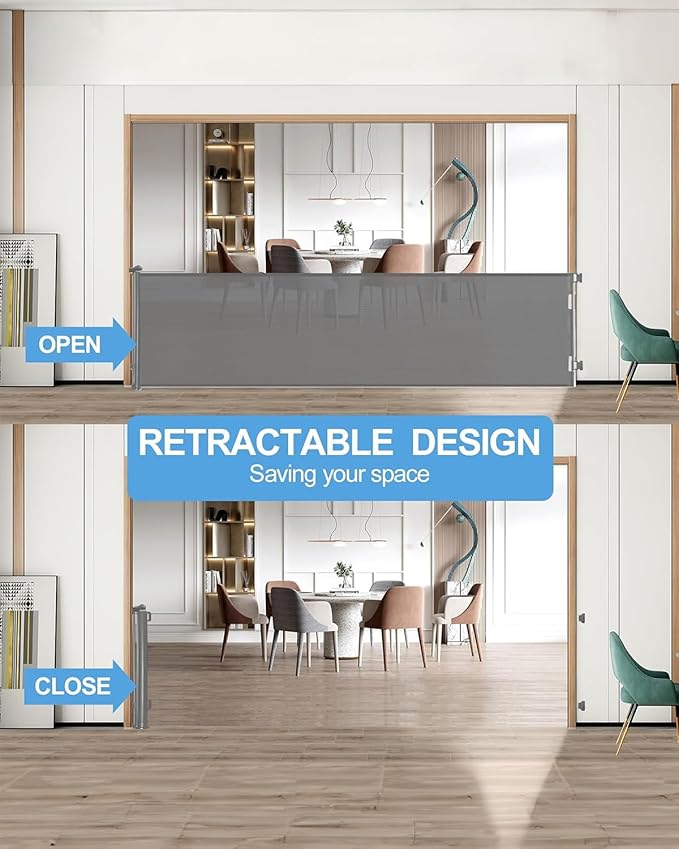 Veraste Retractable Baby Gate,Mesh Baby Extra Wide Gate,Extra Long Dog Gate,33" Tall,Large Extends up to 165" Wide,Child Safety Extra Large Gate for Doorways, Stairs, Indoor/Outdoor（Grey,33"x165"）