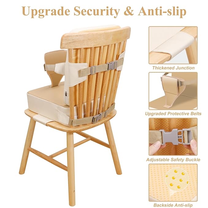 Toddler Booster Seat for Dining Table, Non-Slip Kitchen Chair Booster Seat with Backrest and Adjustable Straps, Portable PU Waterproof Travel Baby Booster Increasing Cushion