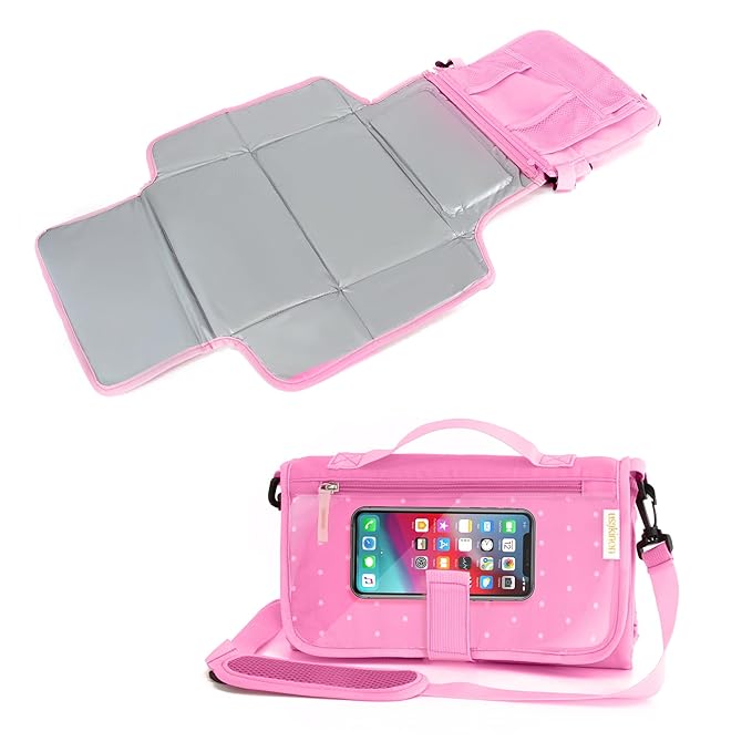 Portable Diaper Changing Mat, Fits Most Changing Tables, One-Hand Hook-and-loop fasteners, Front Touchscreen-Friendly Pocket (Pink)