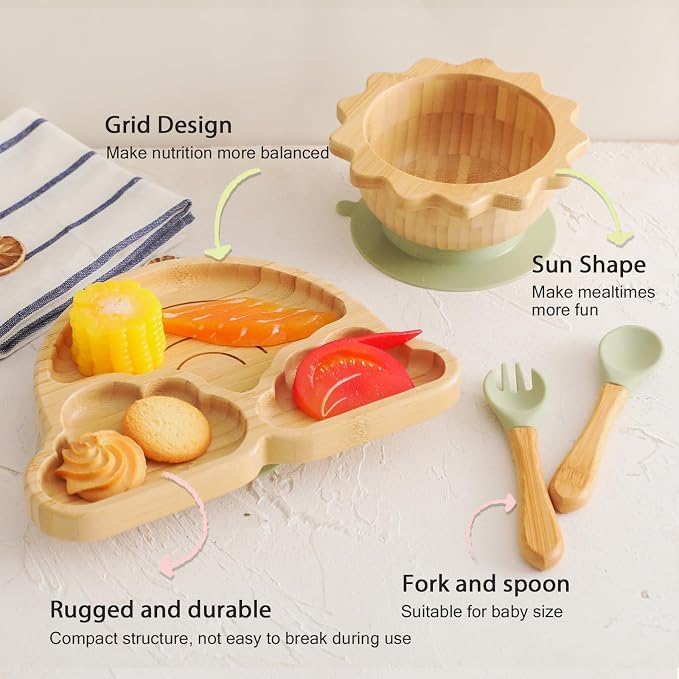 let's make Bamboo Suction Plates Bowls Set for Baby Toddler Divided Platter Food bowl with Silicone Fork & Spoon All-Natural Baby Feeding Set for Baby-Led Weaning, Non-Slip Design