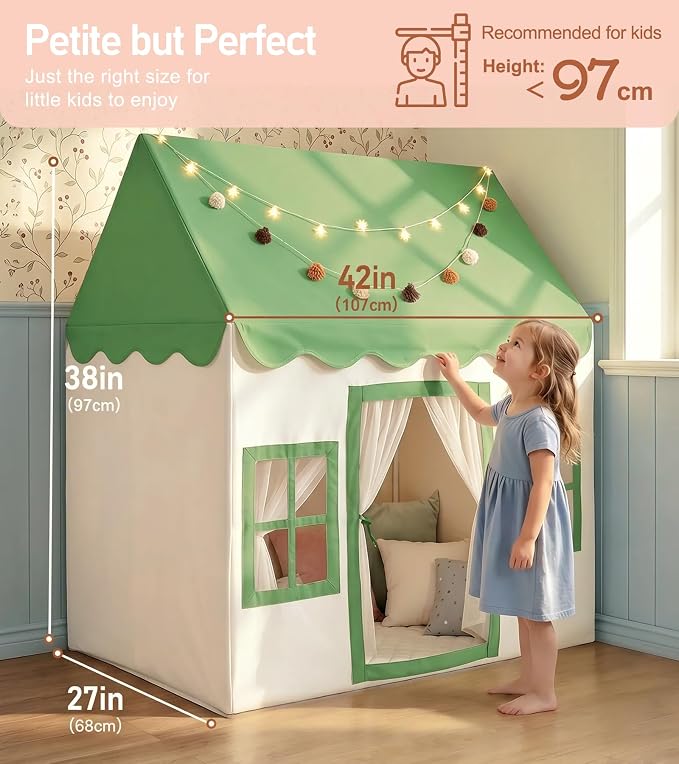Little Dove Kids Play Tent with Mat, Star Lights, Tassel Garland, Toddler Playhouse with Windows Easy to Wash, Indoor and Outdoor Play Tents for Kids, Toys for Girls, Boys, Birthday Gift, Green