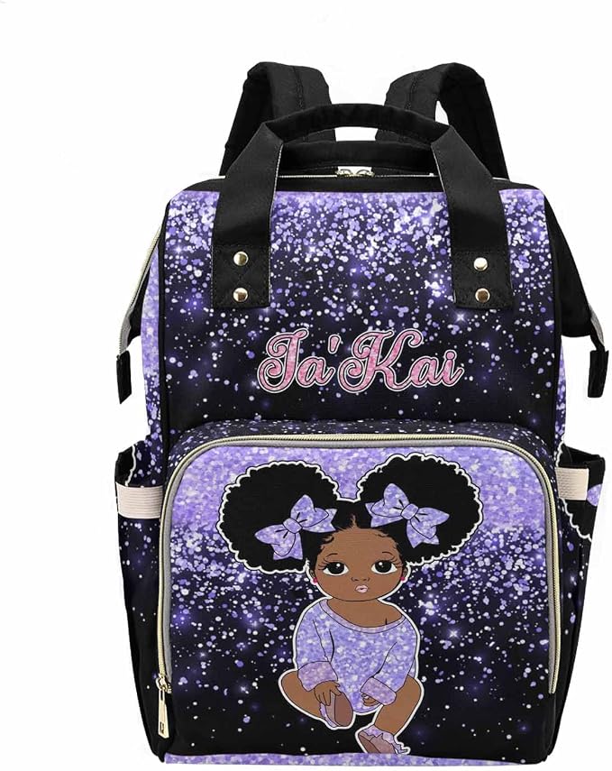 M YESCUSTOM Custom Purple Glitter Diaper Bag for Women, Personalized Name Multifunction Nylon Nursing Mommy Daypack with Large Capacity for Travel, Birthday Mother's Day Gift