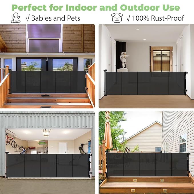 Reinforced 120 Inch Retractable Baby Gates Extra Wide Dog Gate with Support Rods ??Prevent Crawling Under, 10 Feet Extra Long Baby Gates for Large Openings, Indoor/Outdoor Retractable Dog Gate, Black