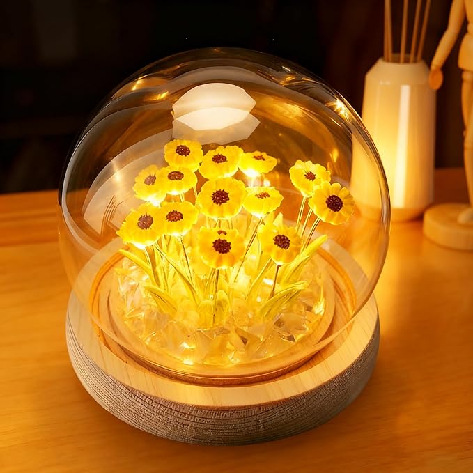 ONXE Sunflowers Flower Lamp,Sunflowers Night Light,Birthday Mothers Day Gifts for Girlfriend Mom Women Her Wife Sister Girls Grandma,Artificial Flower Table Lamp in Glass Dome (Battery Powered)