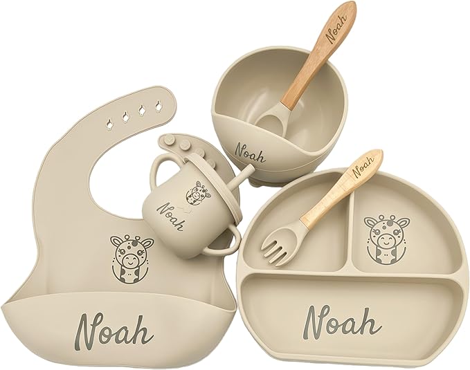 Personalized Name Food Grade 6pcs Baby Feeding Set with Spoon, Fork,Silicone Suction Bowls,Cup,Plate,and bib BPA Free - First Stage Self Feed (Color Khaki Y24)