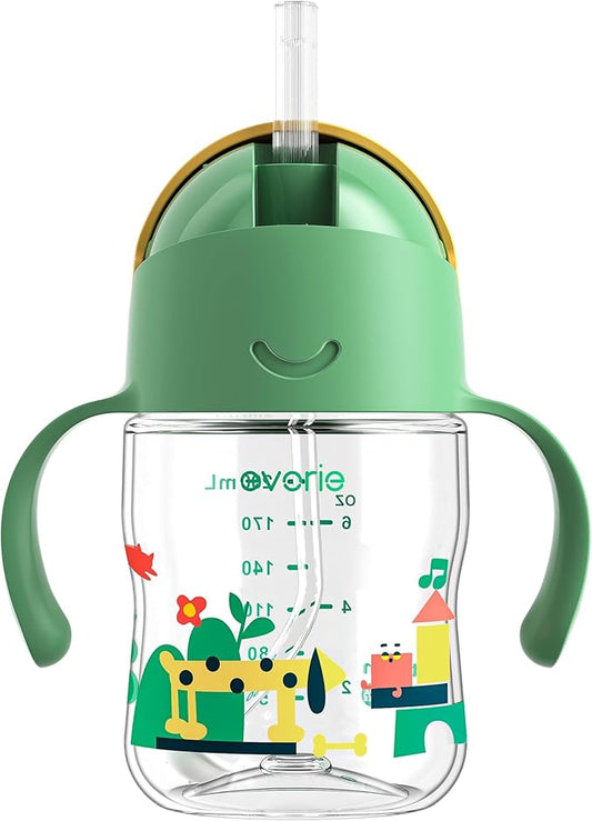 Evorie Tritan Weighted Straw Sippy Cup with Handles for Baby and Toddlers, Spill Proof Baby Water Bottle with Straw for 6 Months and up, 7 Oz, Infant Training Water Bottle (Green Explore)