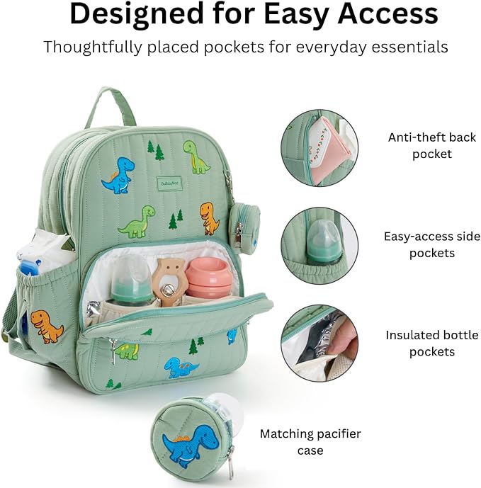 GOBABYMART Large Diaper Bag Backpack with Changing Pad, Insulated Bottle Pockets, Travel & Hospital Bag for Mom & Dad (Large - Green Dinosaurs)