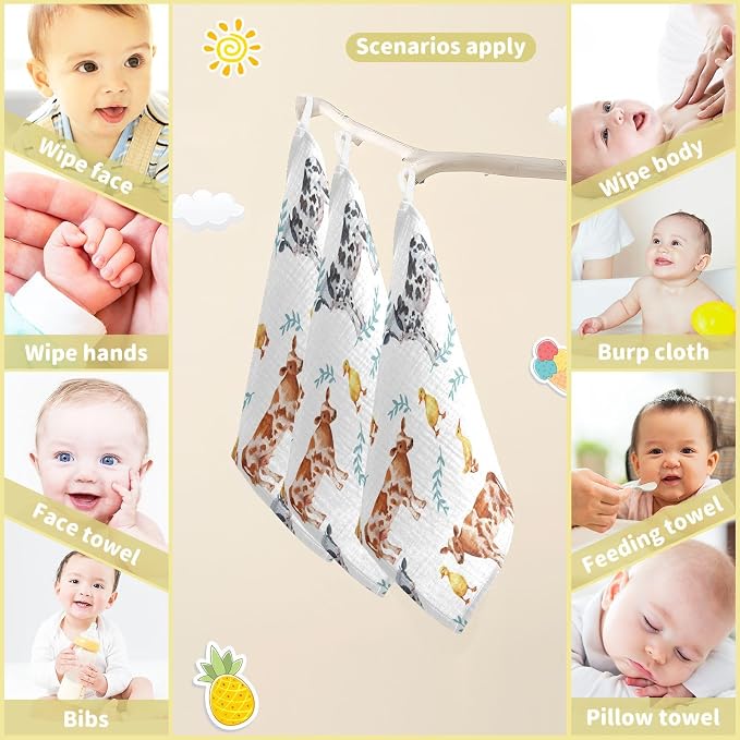 vvfelixl Baby Muslin Washcloths Farm Animals Cows Duckling Baby Burp Cloths Cotton Baby Face Towel for Newborn Infants Boys Girls Soft and Absorbent 11.8 X 11.8 in, 3 Pack